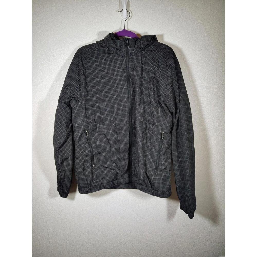 All In Motion Men's Windbreaker Zip Up Hooded Jacket Black Sz L Checkered